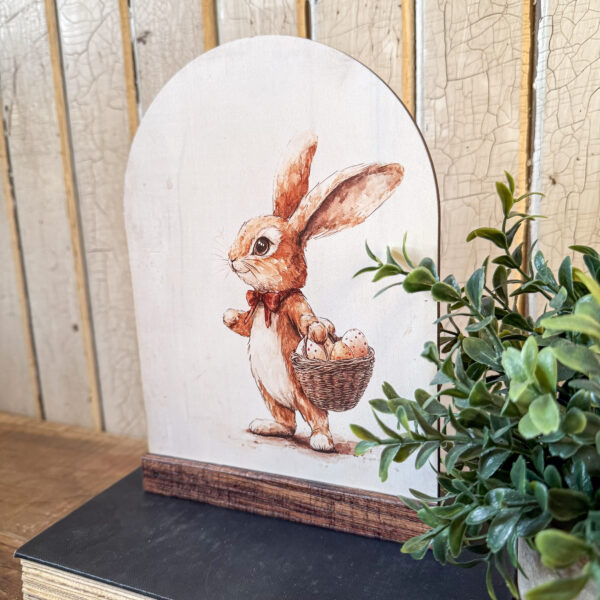 Bunny With Egg Basket Arched Wood Sign Shelf Sitter - Image 2