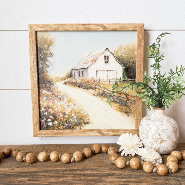 White Barn in Spring Wood Sign Art Print