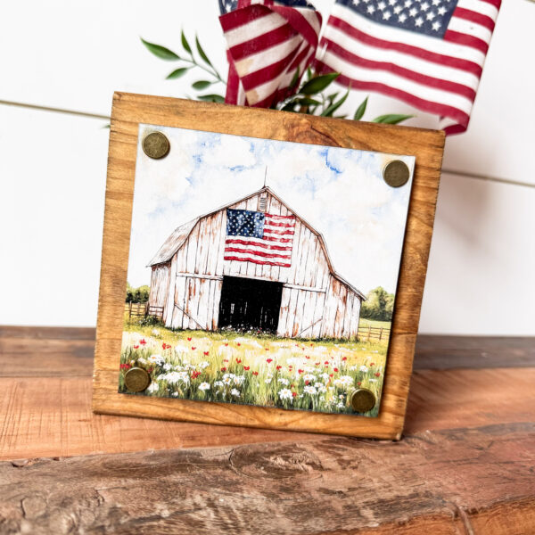 White Barn w/ Flag Patriotic Tiered Tray Sign - Image 4