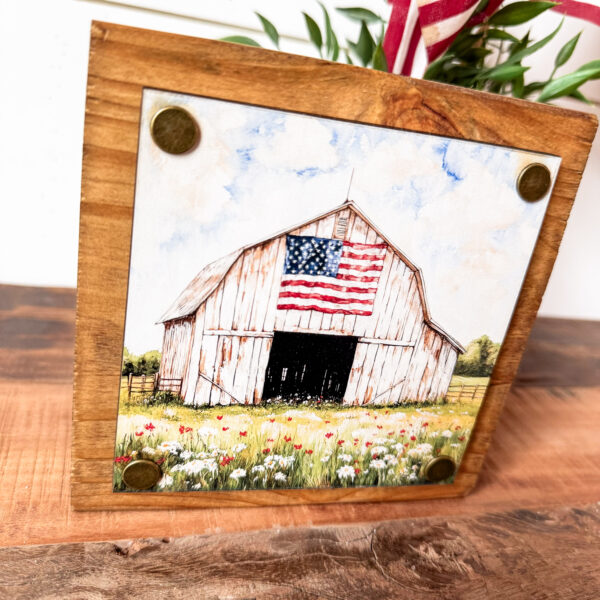 White Barn w/ Flag Patriotic Tiered Tray Sign - Image 2