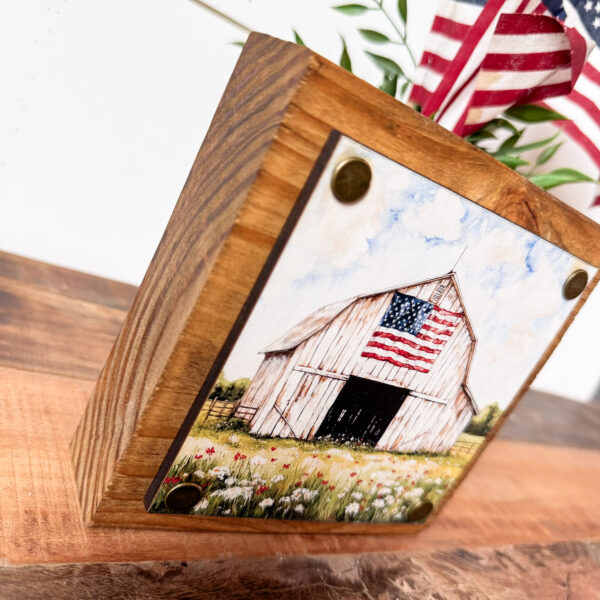 White Barn w/ Flag Patriotic Tiered Tray Sign - Image 3