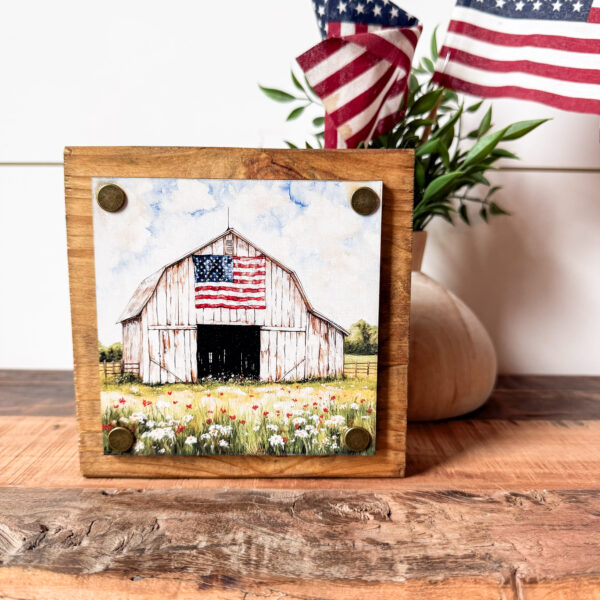 White Barn w/ Flag Patriotic Tiered Tray Sign