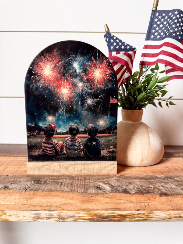 Vintage 4th of July Three Boys and Fireworks Arched Sign